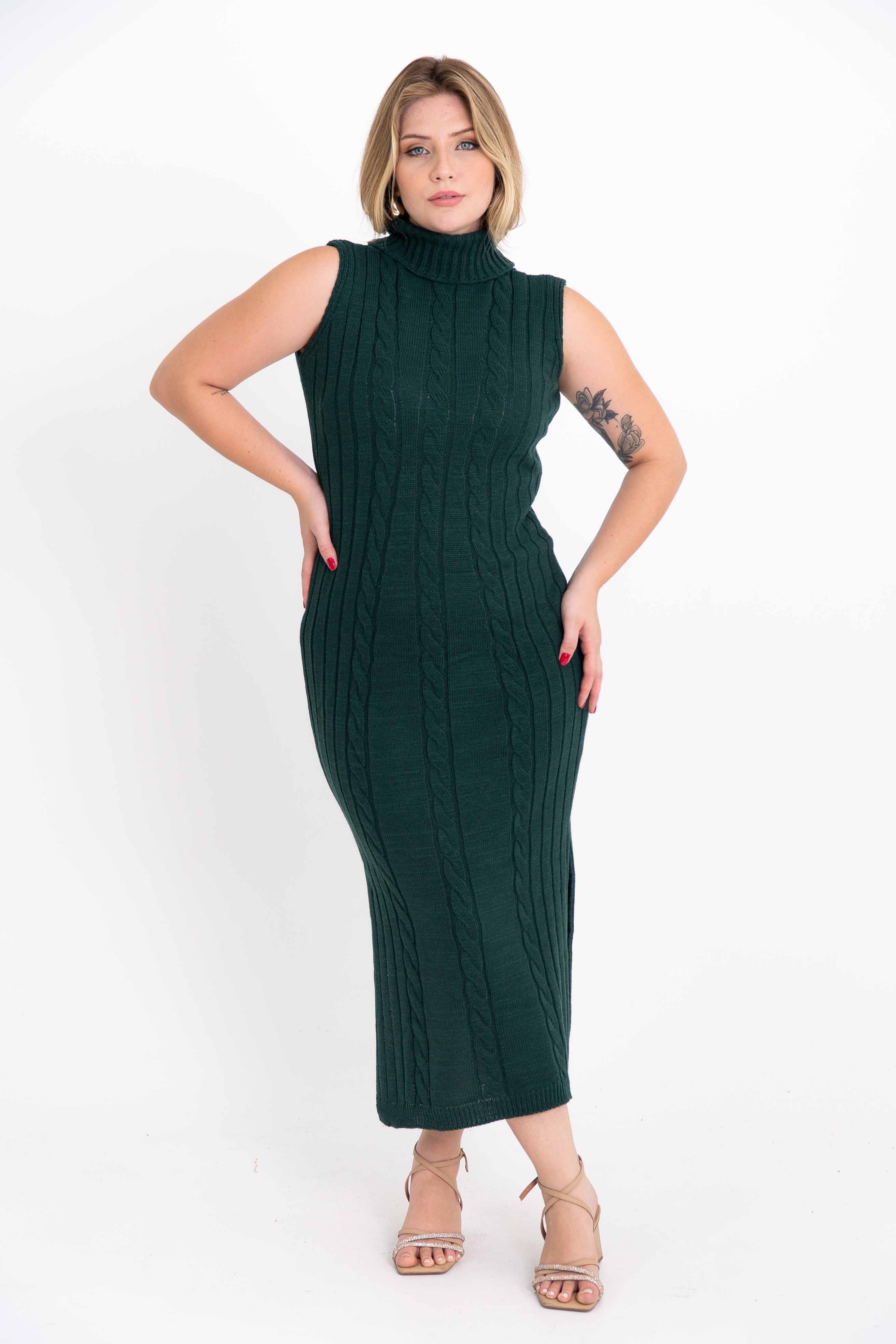 Vestido de Tricot Longo Sem Mangas com Gola Alta