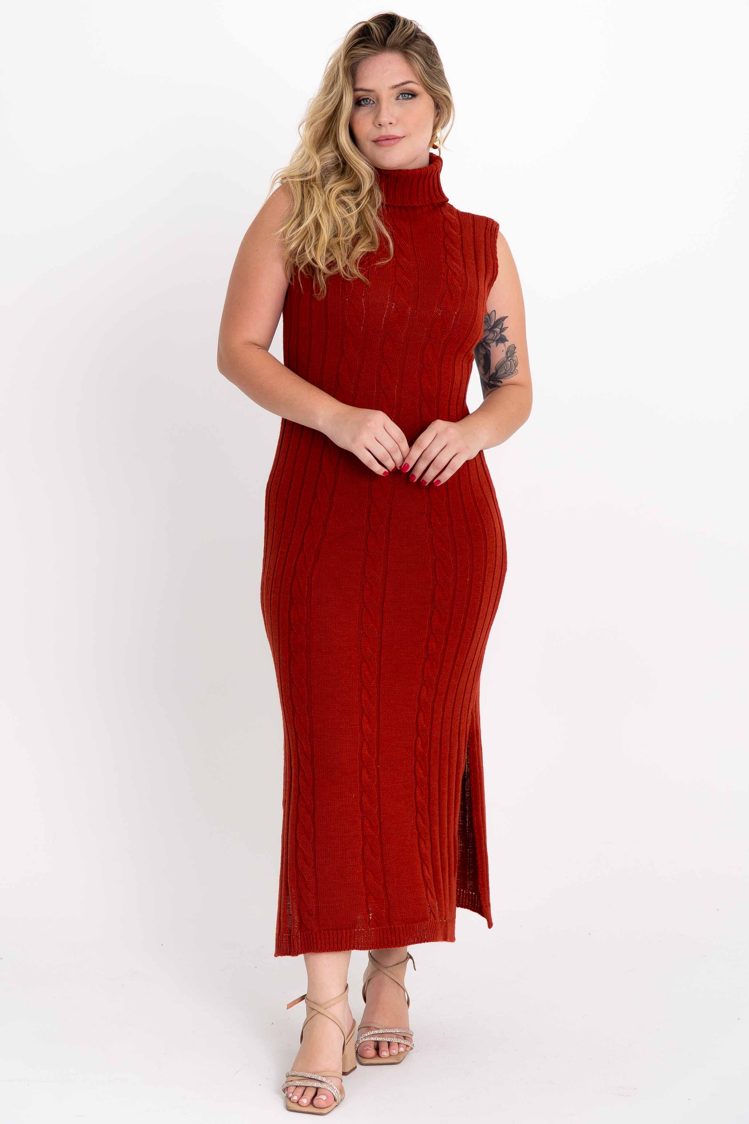 Vestido de Tricot Longo Sem Mangas com Gola Alta