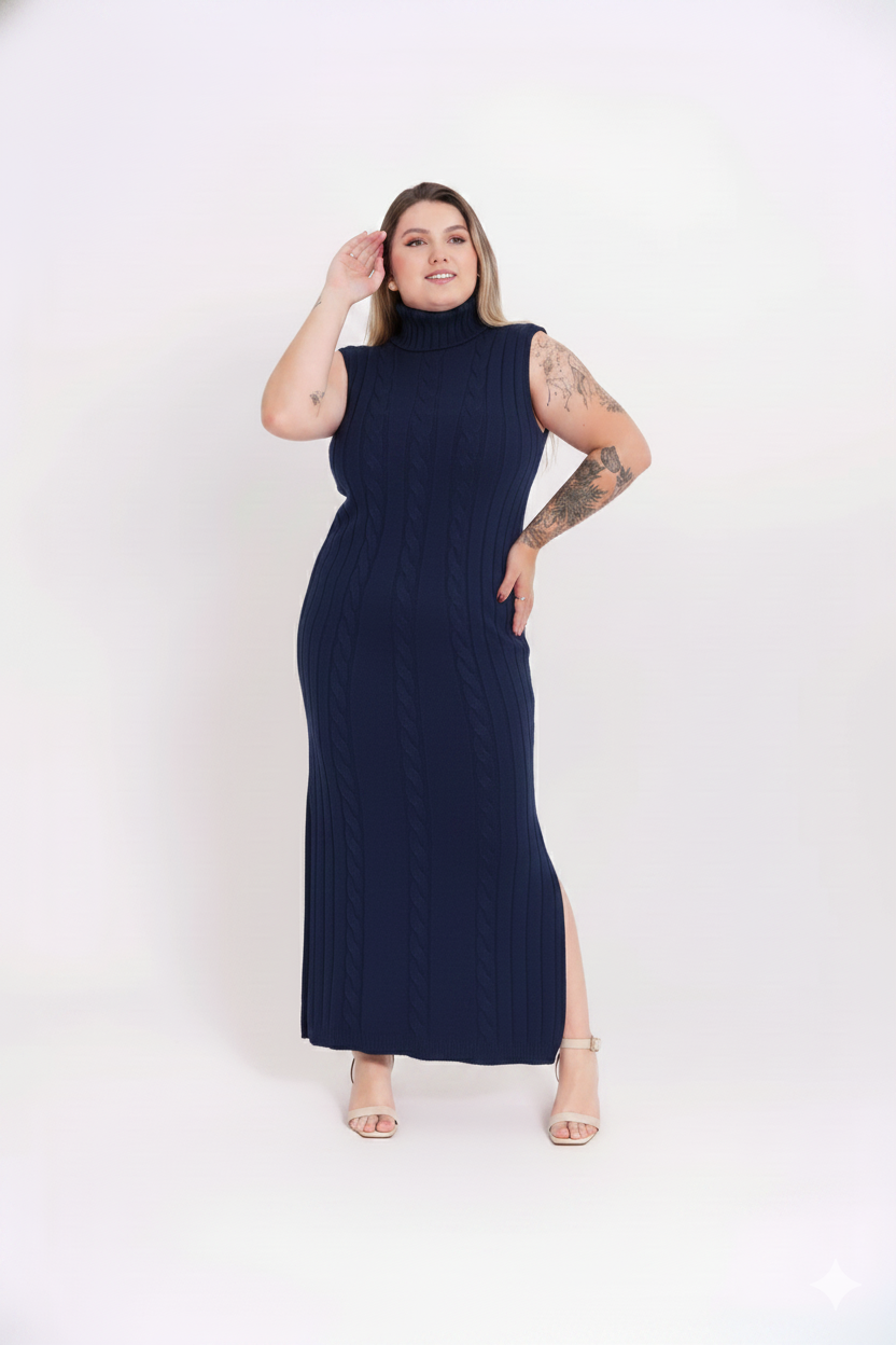 Vestido de Tricot Longo Sem Mangas com Gola Alta