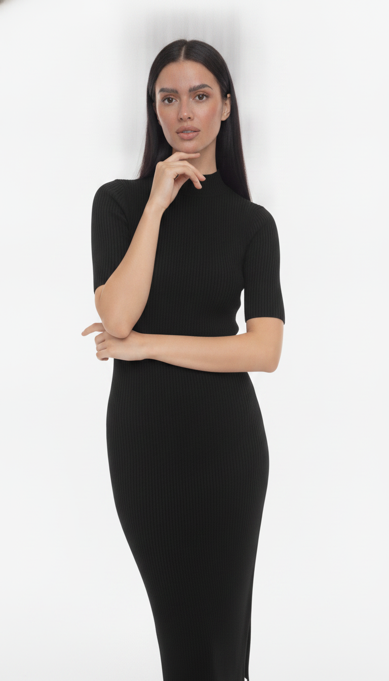 Vestido de Modal Canelado Manga Curta