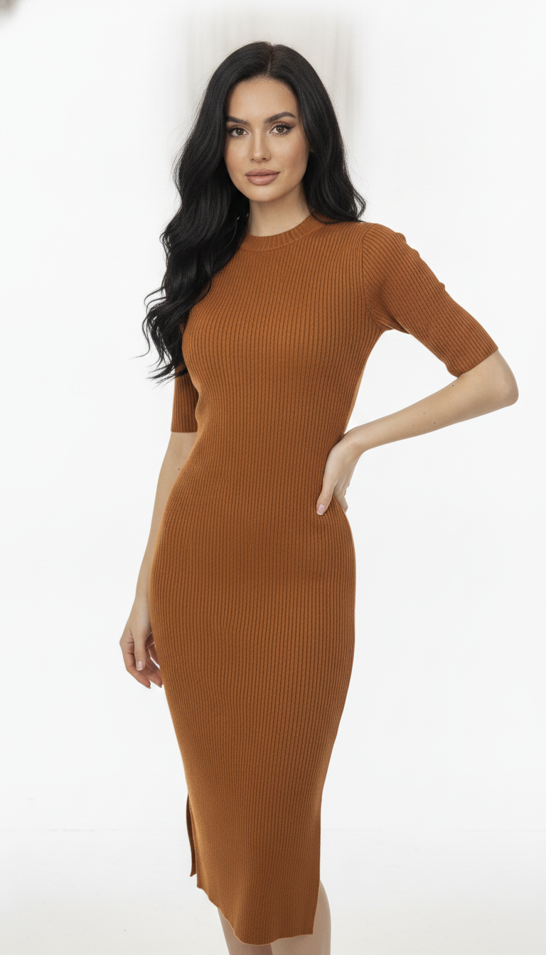Vestido de Modal Canelado Manga Curta