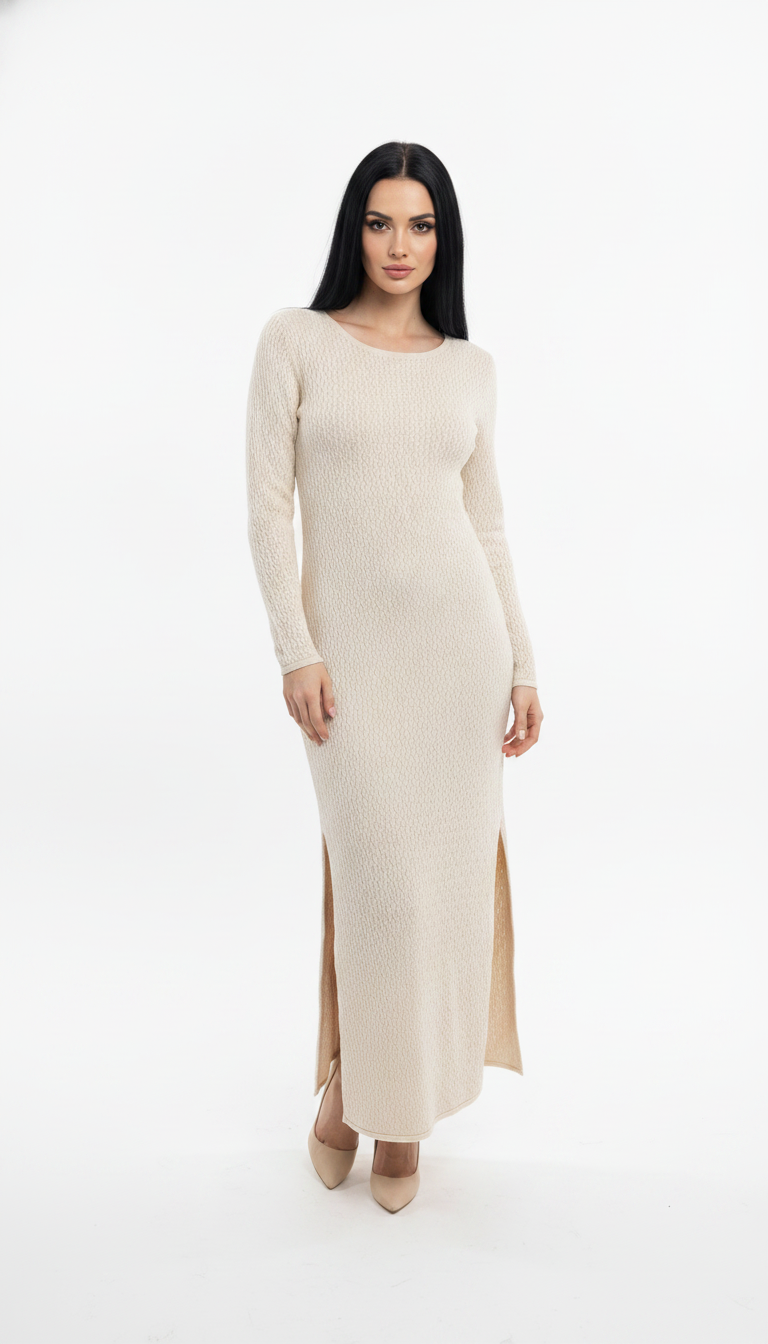 Vestido Manga Longa Fenda Lateral