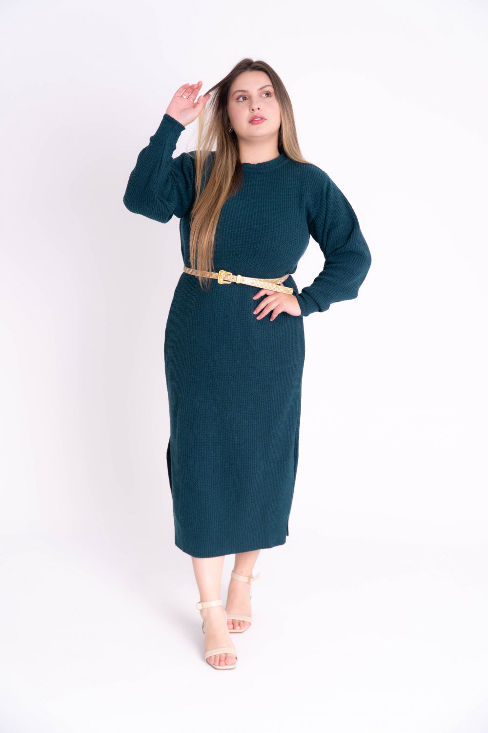 Vestido de Tricot Mousse com Fenda Lateral Plus Size