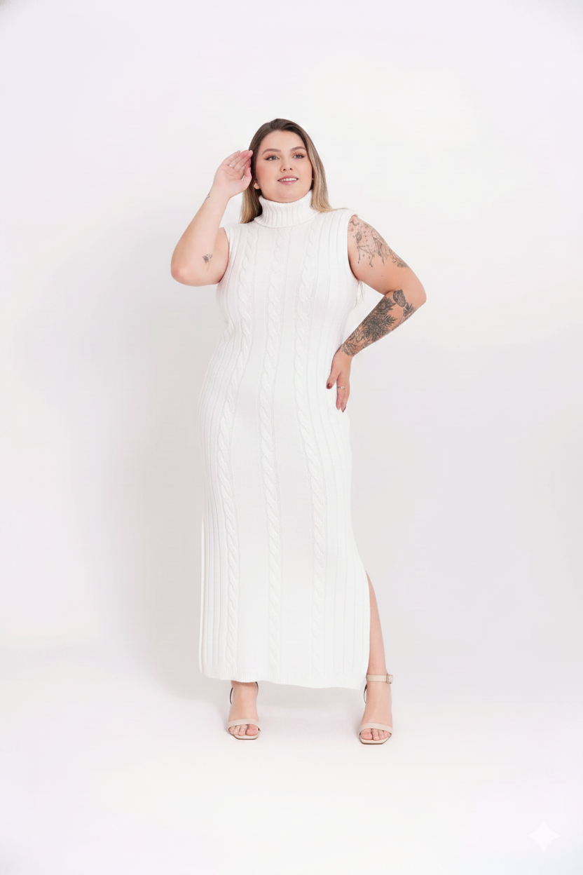Vestido de Tricot Longo Sem Mangas com Gola Alta