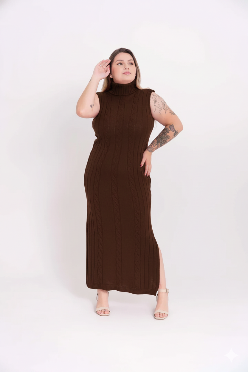 Vestido de Tricot Longo Sem Mangas com Gola Alta