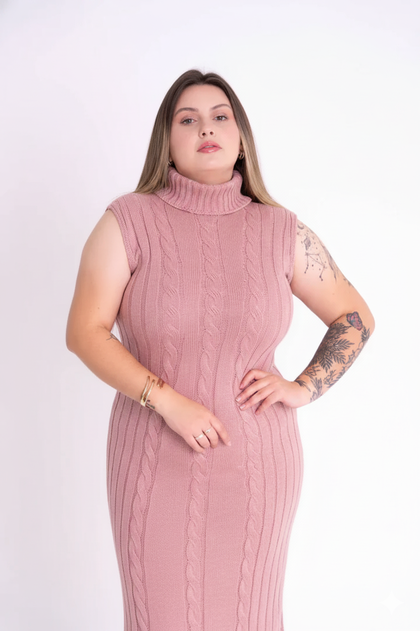 Vestido de Tricot Longo Sem Mangas com Gola Alta