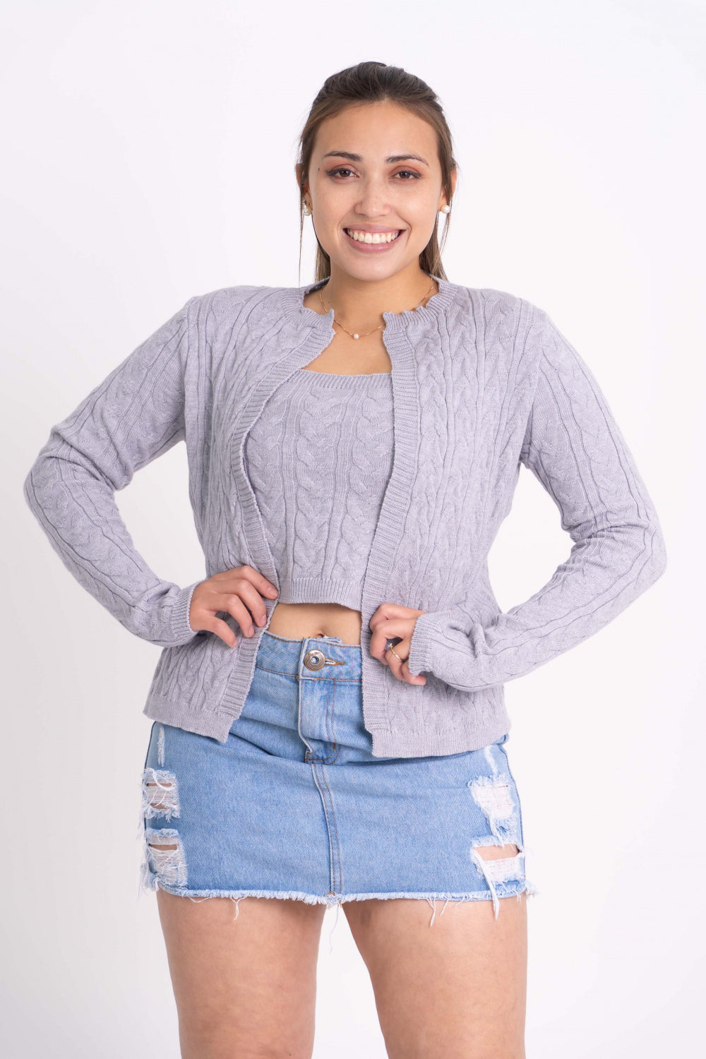 Conjunto Modal de Tricot com Cardigan e Cropped